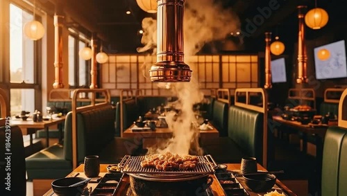 Korean barbecue restaurant interior with smoke rising from grill.