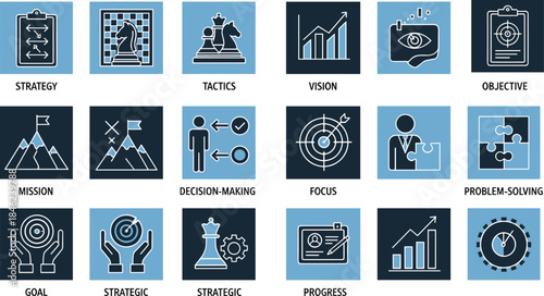 Business Strategy and Management Icons Set Illustrating Vision, Mission, Goals, Decision Making, Focus, Problem Solving and Progress Concept