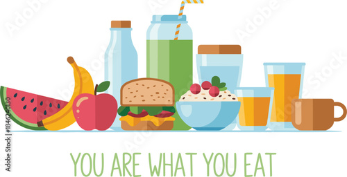 Healthy Food and Drinks Assortment with Motivational Text meal breakfast
