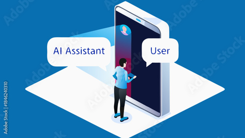 Illustration of a user interacting with an ai assistant on a large mobile device interface design