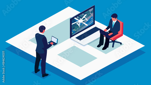 Two men working with laptops, one viewing a drone image, in an isometric, modern, and business setting