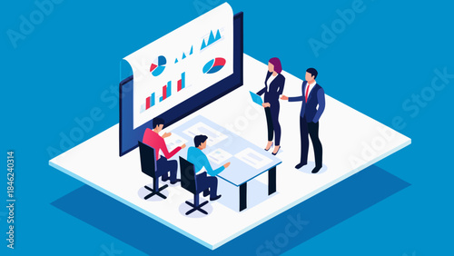 Isometric view of business team discussing charts and graphs in a meeting room presentation setting