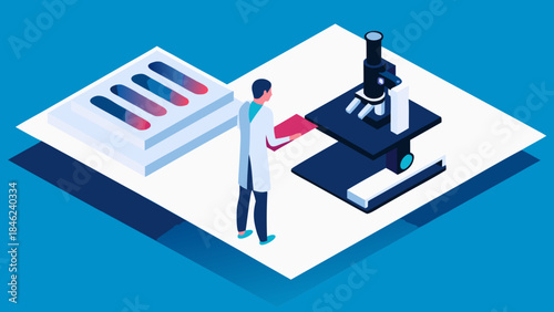 Isometric illustration of a scientist with a microscope and slides in a laboratory setting shown