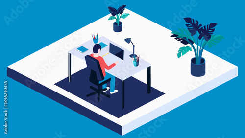 Isometric view of person at desk with laptop, lamp, plants, and office supplies in a modern setting