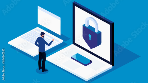 Isometric illustration of a man interacting with laptops and a secure padlock display 100 characters