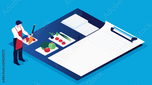 Isometric view of a chef preparing vegetables with a knife next to a clipboard on a blue background scene