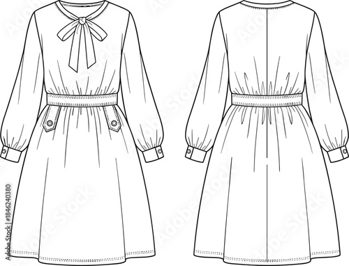 Women’s long sleeve bow neck midi dress technical fashion flat front and back view clean CAD vector illustration