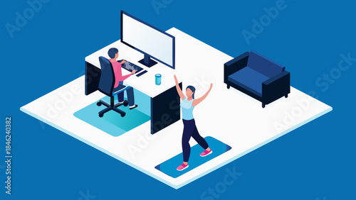 Isometric view of a person working at a desk while another exercises in the same room at home office
