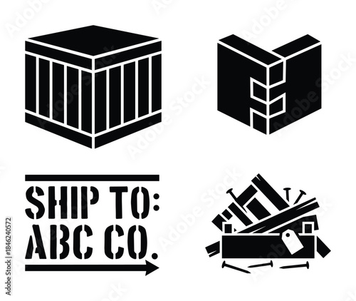 Black and White Shipping Crate Icons Set Wood Joint Delivery