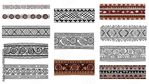 Collection of diverse ethnic and tribal border patterns, hand-drawn geometric ornaments for decorative designs