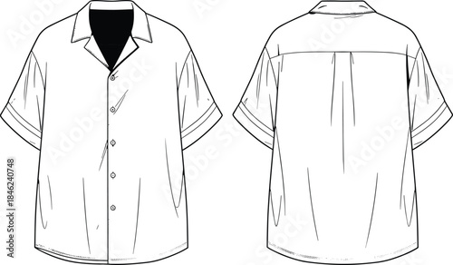 Men's casual short sleeve camp collar shirt technical fashion flat front and back view clean line art vector apparel CAD