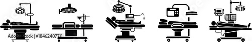 The image features a series of hospital surgery icons, illustrating various medical procedures and equipment used in surgical environments.