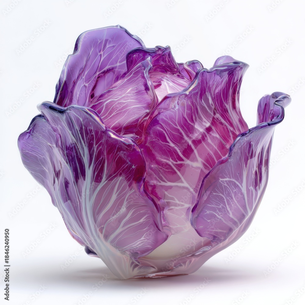 Obraz premium Vibrant Purple Glass Sculpture Resembling Cabbage With Intricate White Veining and Iridescent Sheen