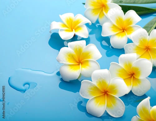 Close-up of white and yellow flowers floating on vibrant blue water