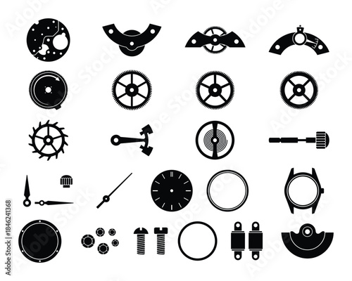 Black and White Watch Movement Parts Isolated on White Background, disassembled watch components