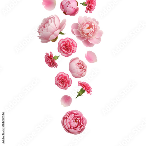 A beautiful arrangement of pink peonies and carnations falling against a dark background