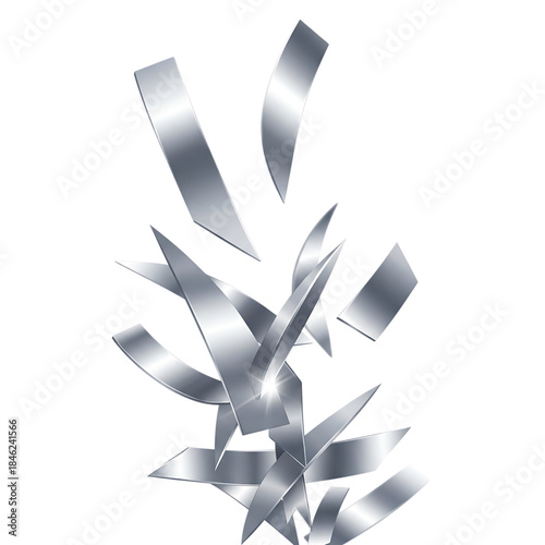 Sharp abstract silver fragments creating a sense of breaking or falling movement in space