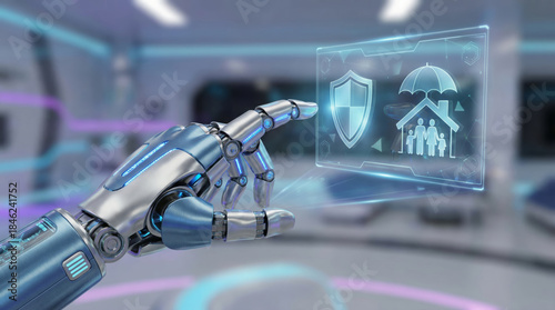 Futuristic robot hand using ai technology selects family insurance protection on virtual screen for future security