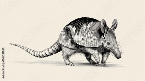 Detailed Illustration of an Armadillo Walking on a Plain Background
