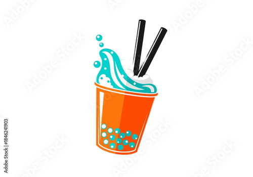 Boba Tea Illustration with Toppings and Straws in Orange Cup.