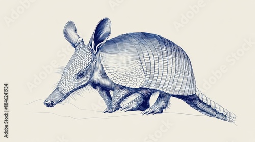 Detailed Illustration of Armadillo in Blue Ink Style Art Design