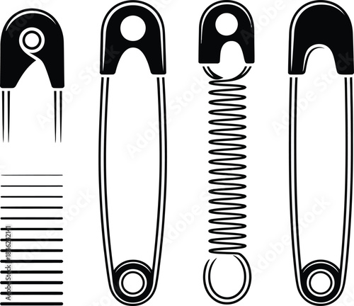 Detailed black and white illustration of various safety pins and their components for craft and sewing designs
