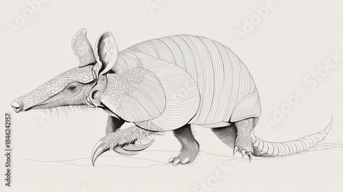 Detailed Line Art Drawing of an Armadillo in Side View