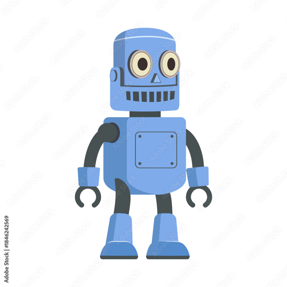 Fototapeta premium Friendly Blue Robot Standing Looking Forward with Big Eyes and a Pleasant Expression Modern Simple Illustration