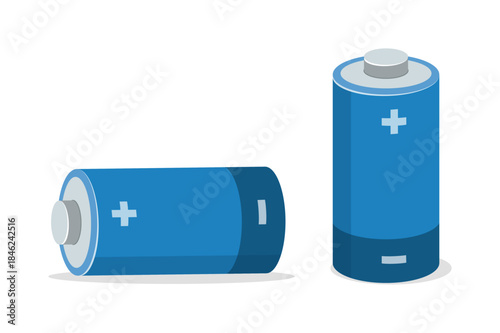 Blue batteries two pieces one standing upright and one lying horizontal showing positive and negative poles