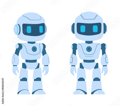 Two friendly blue robots standing upright looking forward in a modern simple illustration