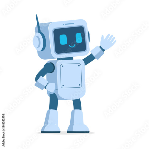 Cute smiling robot character waving friendly gesture with happy expression and modern technology design