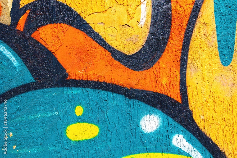 Obraz premium Bold street art graffiti in turquoise, orange, yellow. Urban 90s style, vibrant textures, abstract shapes. Backgrounds, creative banners, digital art, modern 90s design, urban visuals.