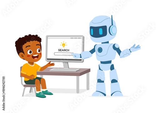 Happy African American boy and friendly robot interacting with a computer search bar showing a bright idea