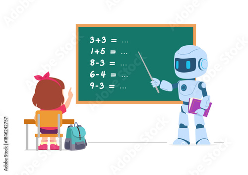 Smart Robot Teacher Explains Math Problems to Engaged Young Girl Student Raising Hand