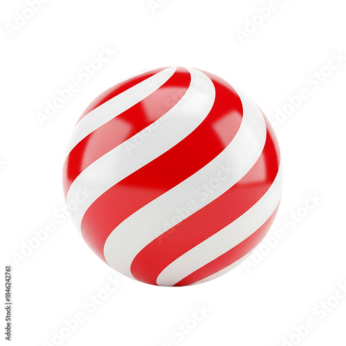 A three dimensional render of a shiny red and white striped sphere against a plain black background