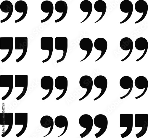 A collection of diverse black double quotation mark symbols arranged neatly on a white background