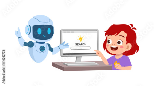 Happy robot waving with a smiling little girl pointing at a computer search screen together with great ideas