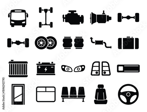 Bus and Auto Parts Icons Set Car Engine, Wheels, Seats, Steering Wheel and Automotive Elements
