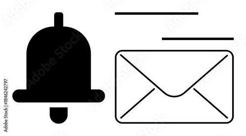 Bell icon next to an envelope indicating notifications and email updates. Ideal for communication, messaging, alerts, organization, reminders, digital interaction, updates. Simple flat metaphor
