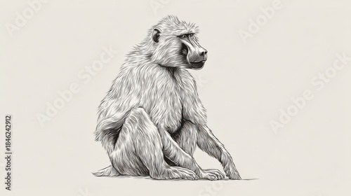 Detailed Illustration of a Sitting Baboon Against Plain Background
