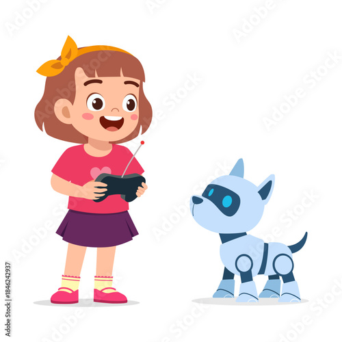 Happy smiling young girl child playing with a remote control for her cute robot dog pet in a playful mood