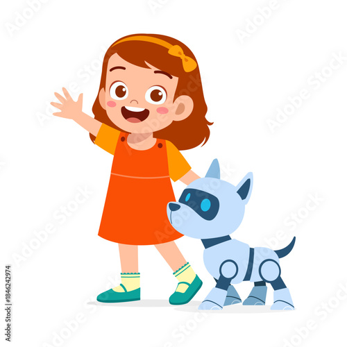 Happy Asian little girl smiling waving hand beside her cute robot dog cartoon illustration
