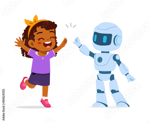 Young Black girl happily high-fiving a friendly robot in a joyful interaction