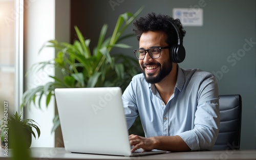 Smiling Young Indian Businessman Wearing Headset and Glasses Using Laptop Talking to Customer or Team in Modern Office Remote Work Small Business Owner Working from Home. High quality