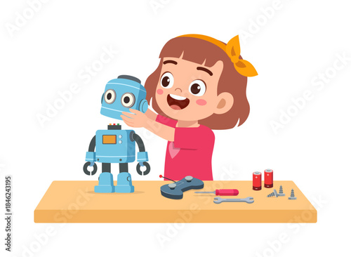 Cheerful Asian girl happily assembling a robot with tools and parts on a table showing excitement