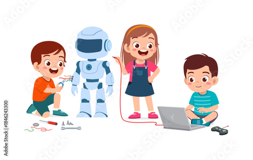 Joyful Asian children excitedly learn robotics working on a robot with tools laptop and wires