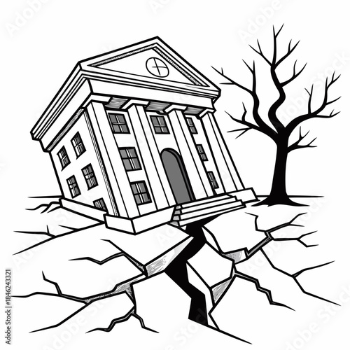 White bank building sinking into cracked ground with bare tree