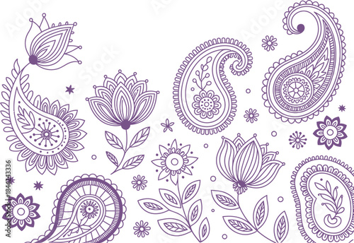 Ornate purple paisley and floral elements creating a decorative border on a pristine white background