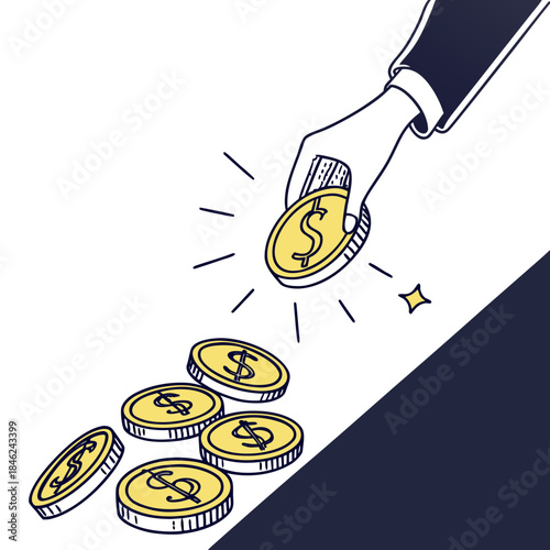 Hand grabbing glowing coins from dark shadow corner