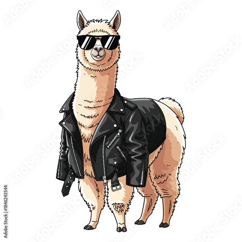 A cool cartoon llama wearing a black leather biker jacket and dark sunglasses.